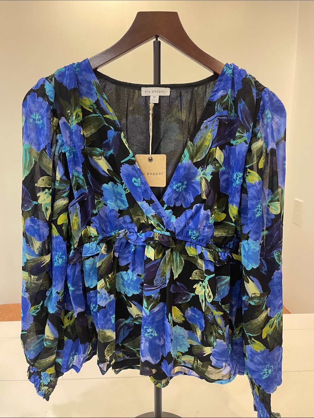 Blu Pepper Blue & Green Floral Wrap Blouse